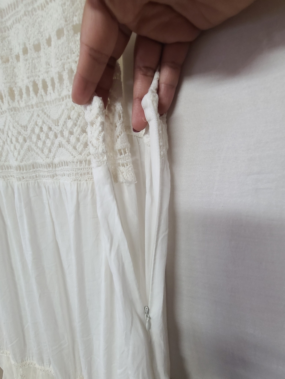 Boho White Lace Sleeveless Dress | Embroidered Hem | Flowy Summer Mini - Picture 5 of 6